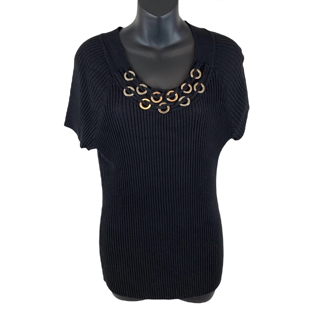 RQT Grommet neck Black ribbed stretch sweater, Size XL